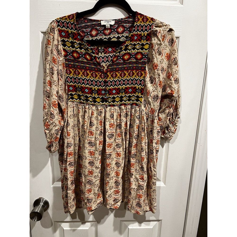 Umgee Aztec Print Boho Dress sz: L Balloon Sleeve breezy Fall Festival‎